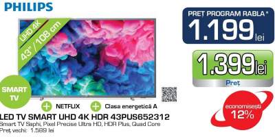Televizor LED Smart Ultra HD 4K, HDR, 108 cm, PHILIPS 43PUS6523/12